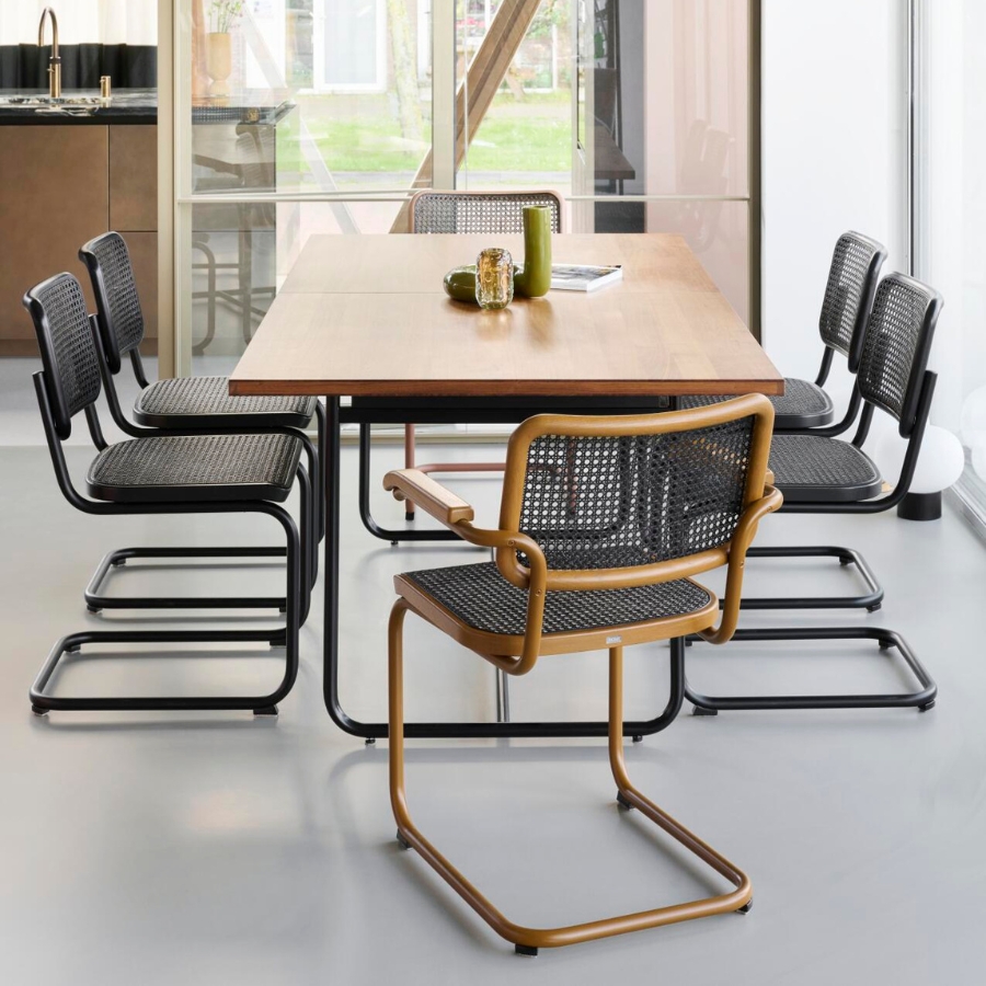 THONET S 64 V Dark Melange Edition Herkner schwarz | Stahlrohr-Freischwinger mit Armlehnen | Gestell schwarz