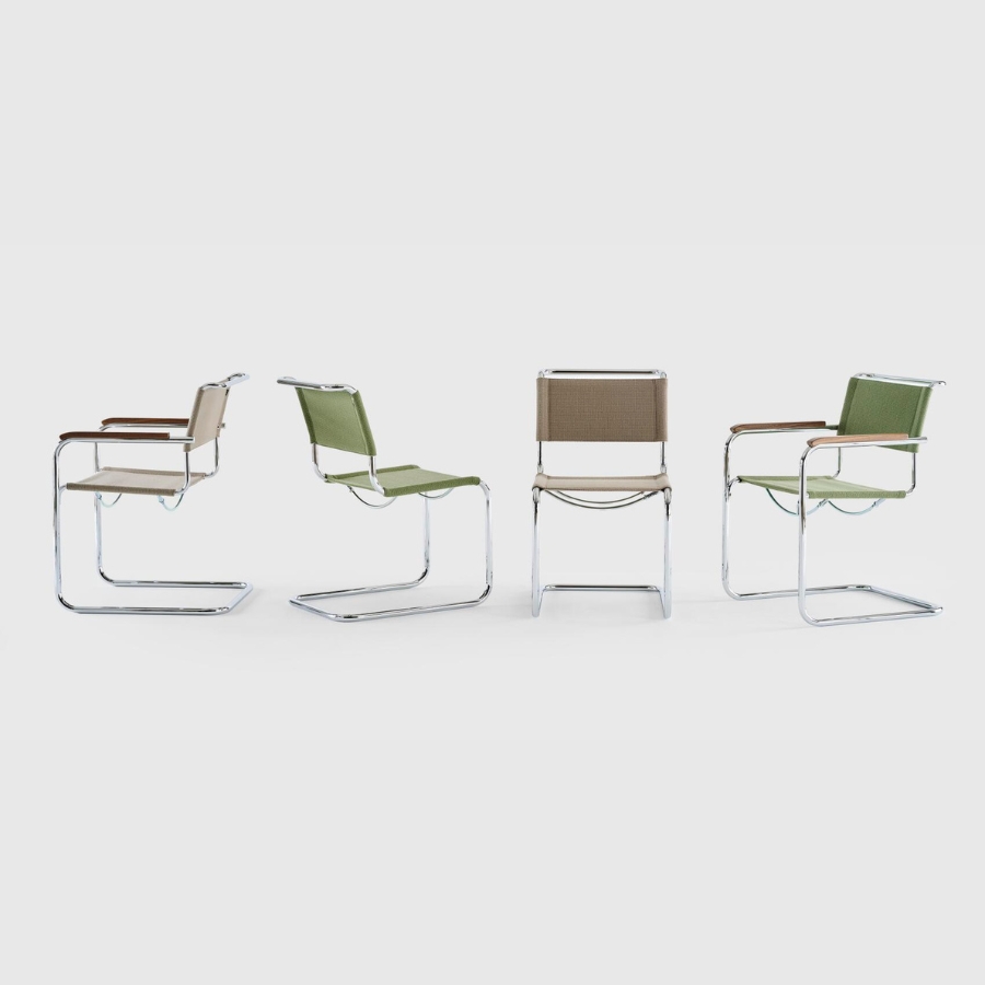THONET Stahlrohr-Freischwinger S 34 V mit Armlehnen | Sitz u. Rücken Stoffmuster | Gestell chrom