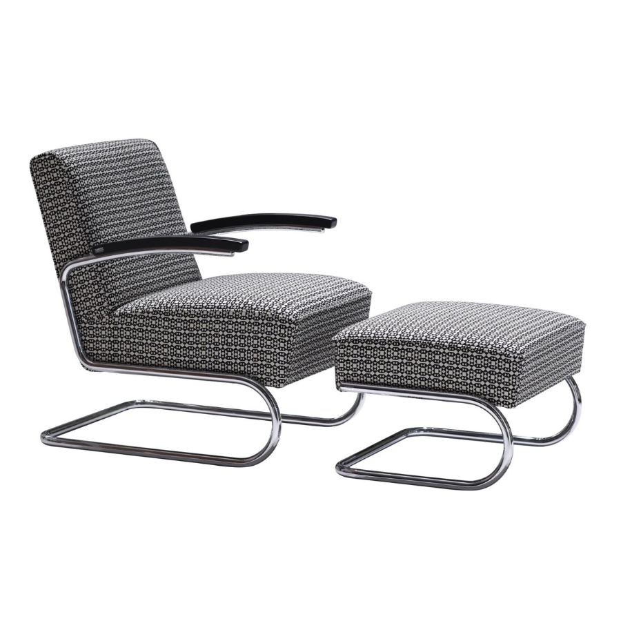 THONET S 411 Freischwinger Sessel mit Armlehnen | niedrige Rückenlehne | Leder schwarz