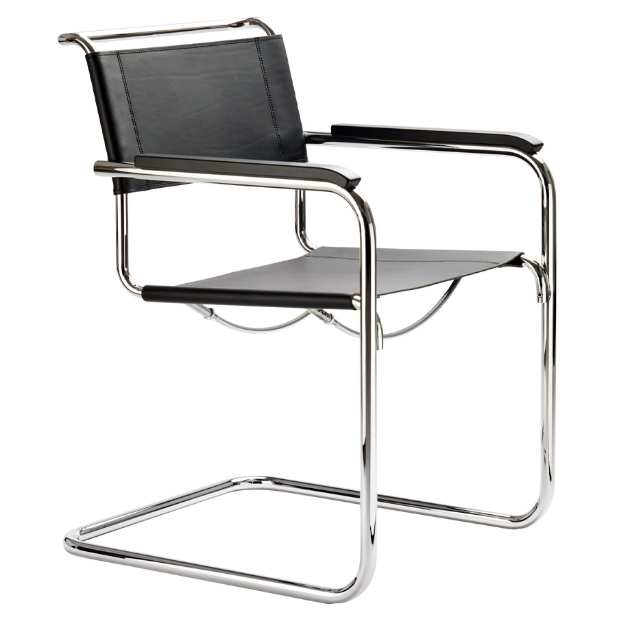 THONET Stahlrohr-Freischwinger S 34 mit Armlehnen Sitz u. Rücken Kernleder schwarz  - Gestell chrom