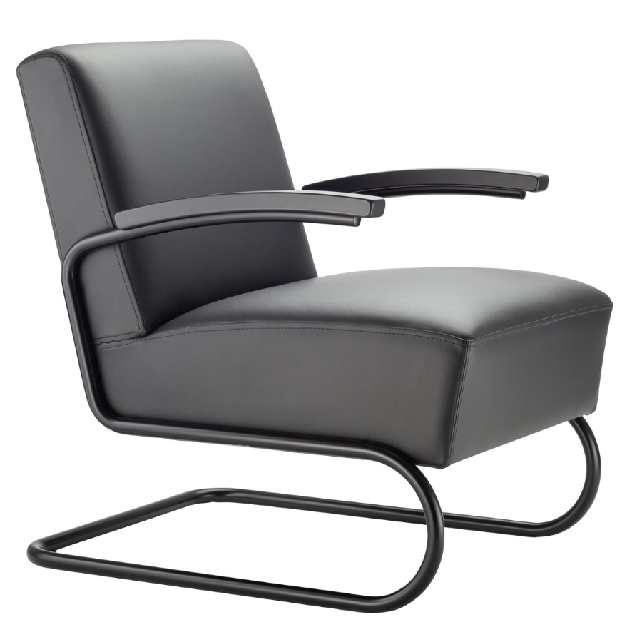 THONET S 411 Freischwinger Sessel mit Armlehnen | niedrige Rückenlehne | Leder schwarz