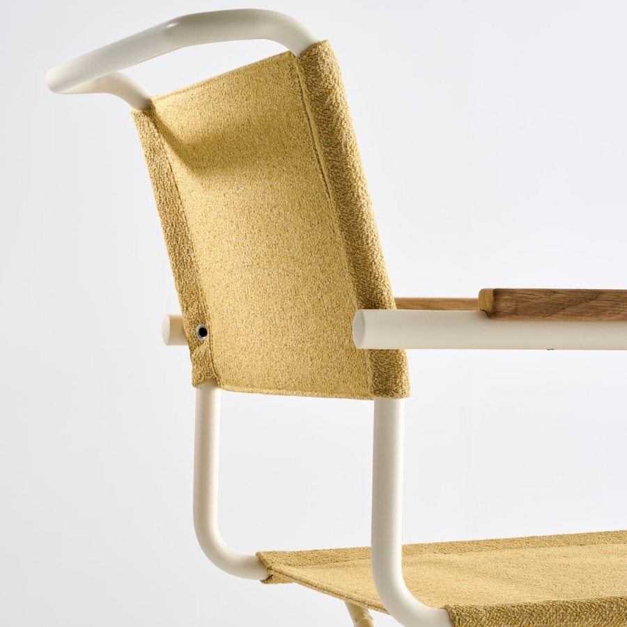 THONET Stahlrohr-Freischwinger S 34 V mit Armlehnen | Sitz u. Rücken Stoffmuster | Gestell perlweiß