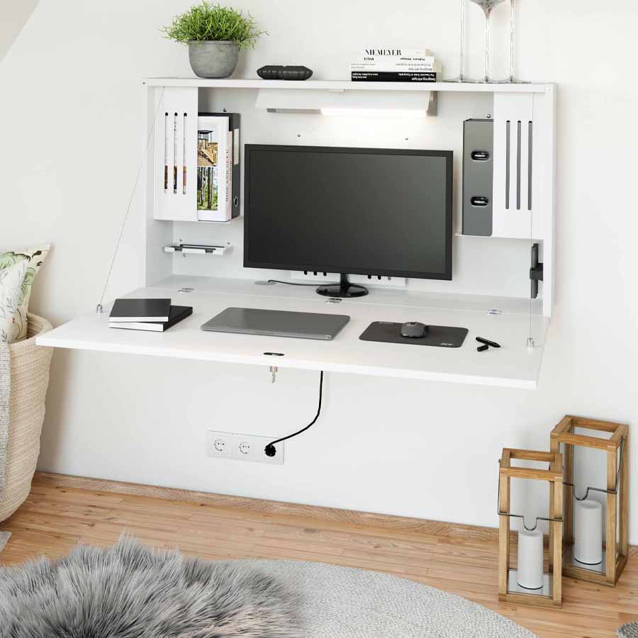 Wandschreibtisch weiß - geöffnet mit Monitor