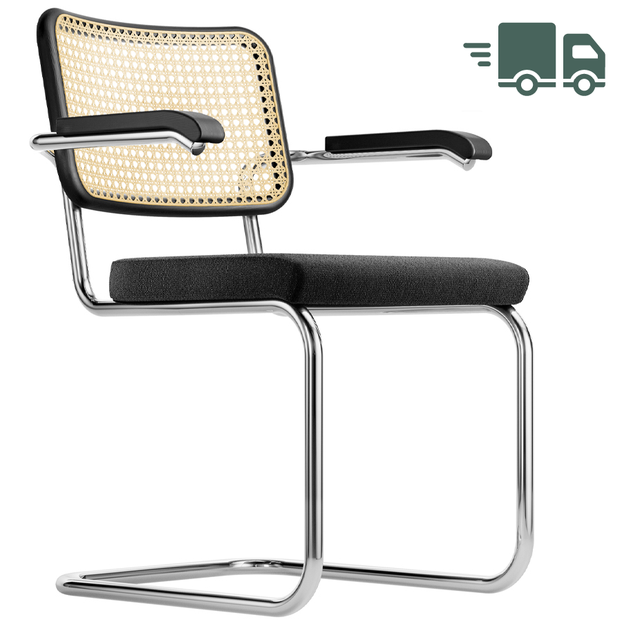 THONET Stahlrohr-Freischwinger S 64 SPV mit Armlehnen, Rücken Rohrgeflecht, Sitz vollgepolstert