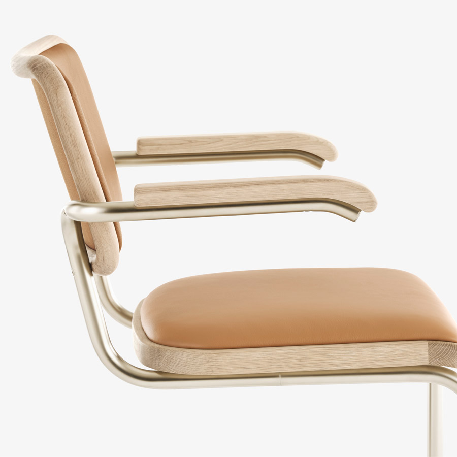 JS. THONET S 64 P NORDIC 01 | Eiche weiß pigmentiert | Leder Karamell | Seitenansicht nah