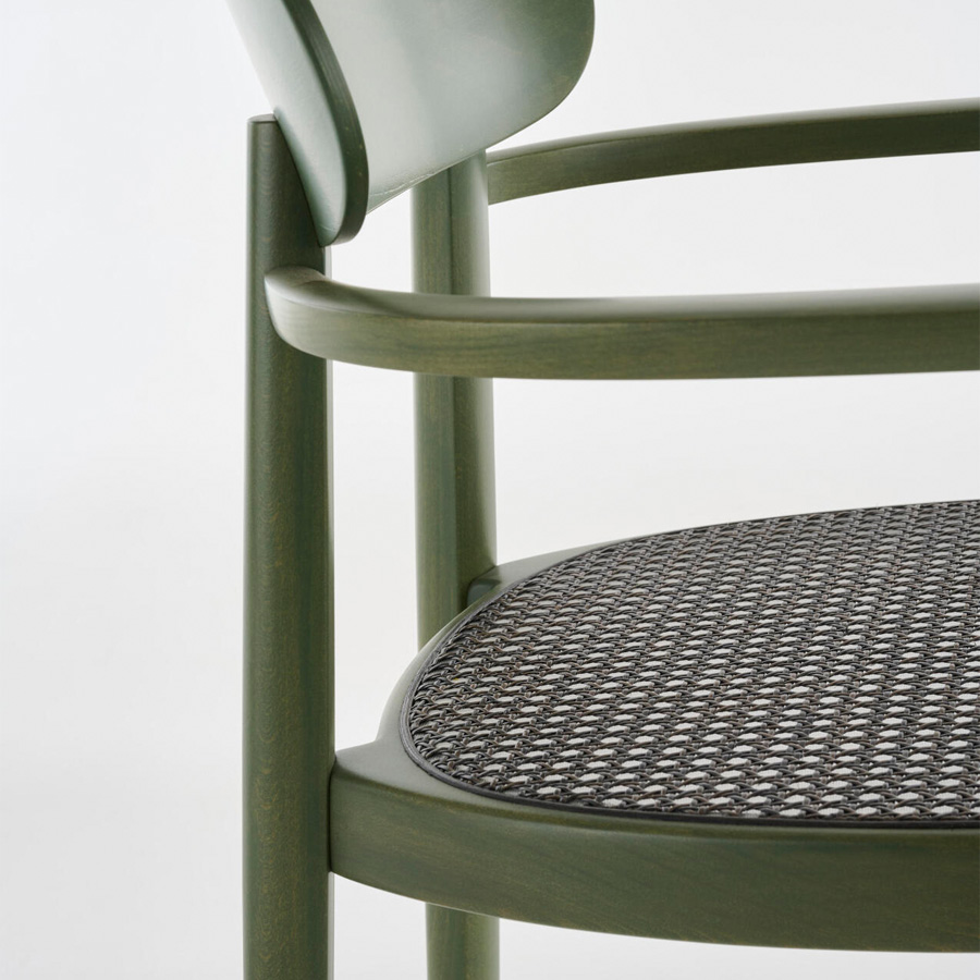 THONET 118 FV Holzstuhl Dark Melange mit Armlehnen | Rohrgeflecht-Sitz | Buche gebeizt graugrün