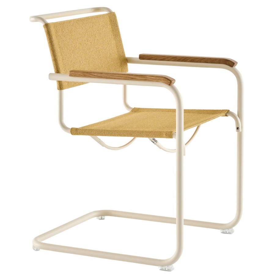 THONET Stahlrohr-Freischwinger S 34 V mit Armlehnen | Sitz u. Rücken Stoffmuster | Gestell perlweiß