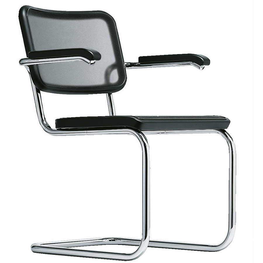 THONET Stahlrohr-Freischwinger S 64 N mit Armlehnen u. Netzbespannung schwarz - Gestell verchromt