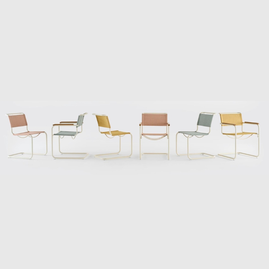 THONET Stahlrohr-Freischwinger S 34 V mit Armlehnen | Sitz u. Rücken Stoffmuster | Gestell chrom