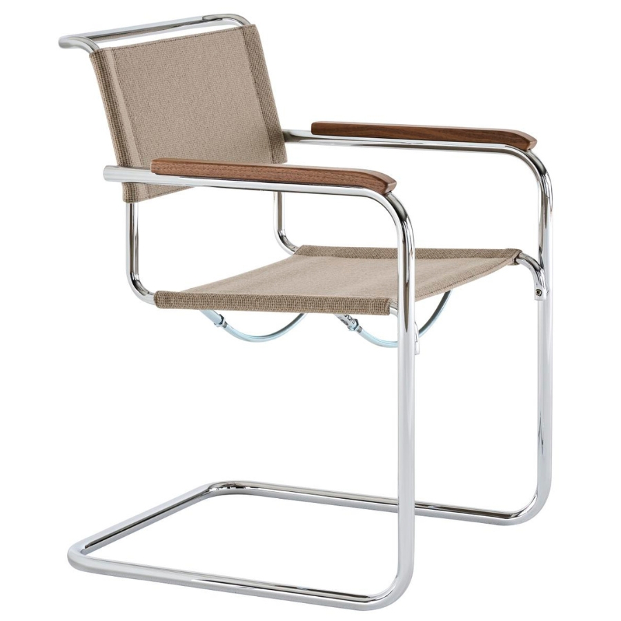 THONET Stahlrohr-Freischwinger S 34 V mit Armlehnen | Sitz u. Rücken Stoffmuster | Gestell chrom