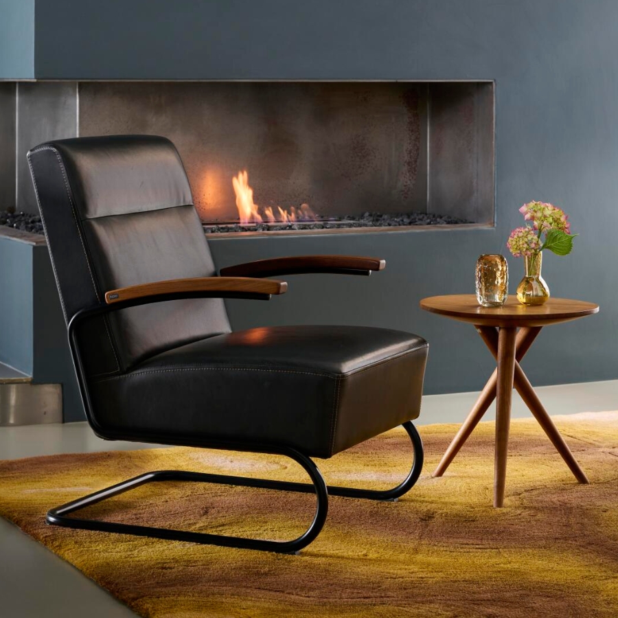 THONET S 412 Freischwinger Sessel mit Armlehnen | hohe Rückenlehne | Leder schwarz