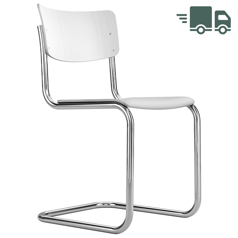 THONET Stahlrohr-Freischwinger S 43 Formholzschale gebeizt weiß lasiert - Gestell verchromt