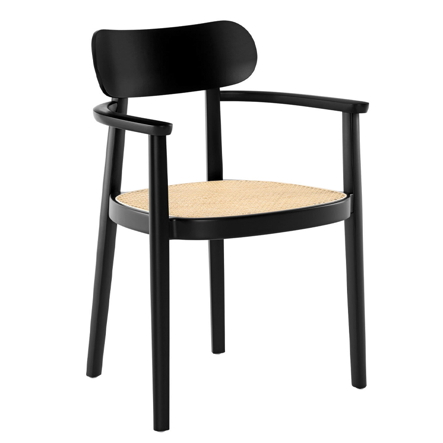THONET 118 FV Holzstuhl mit Armlehnen | Rohrgeflecht-Sitz | Buche gebeizt schwarz