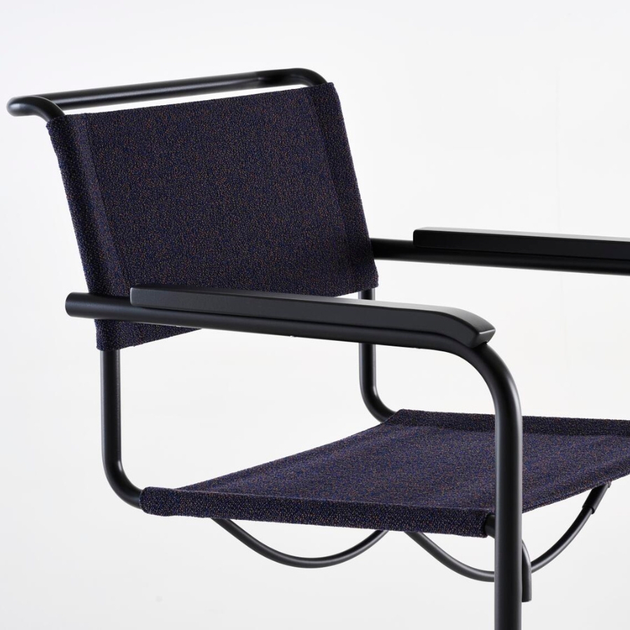 THONET Stahlrohr-Freischwinger S 34 V mit Armlehnen | Sitz u. Rücken Stoffmuster | Gestell schwarz