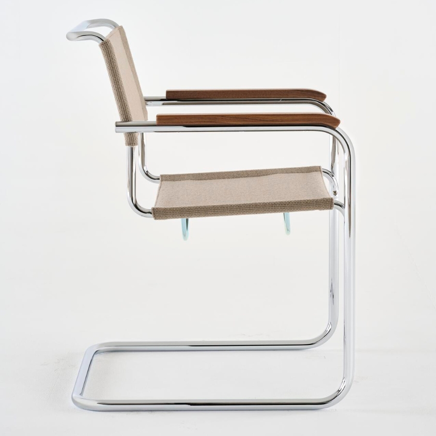 THONET Stahlrohr-Freischwinger S 34 V mit Armlehnen | Sitz u. Rücken Stoffmuster | Gestell chrom