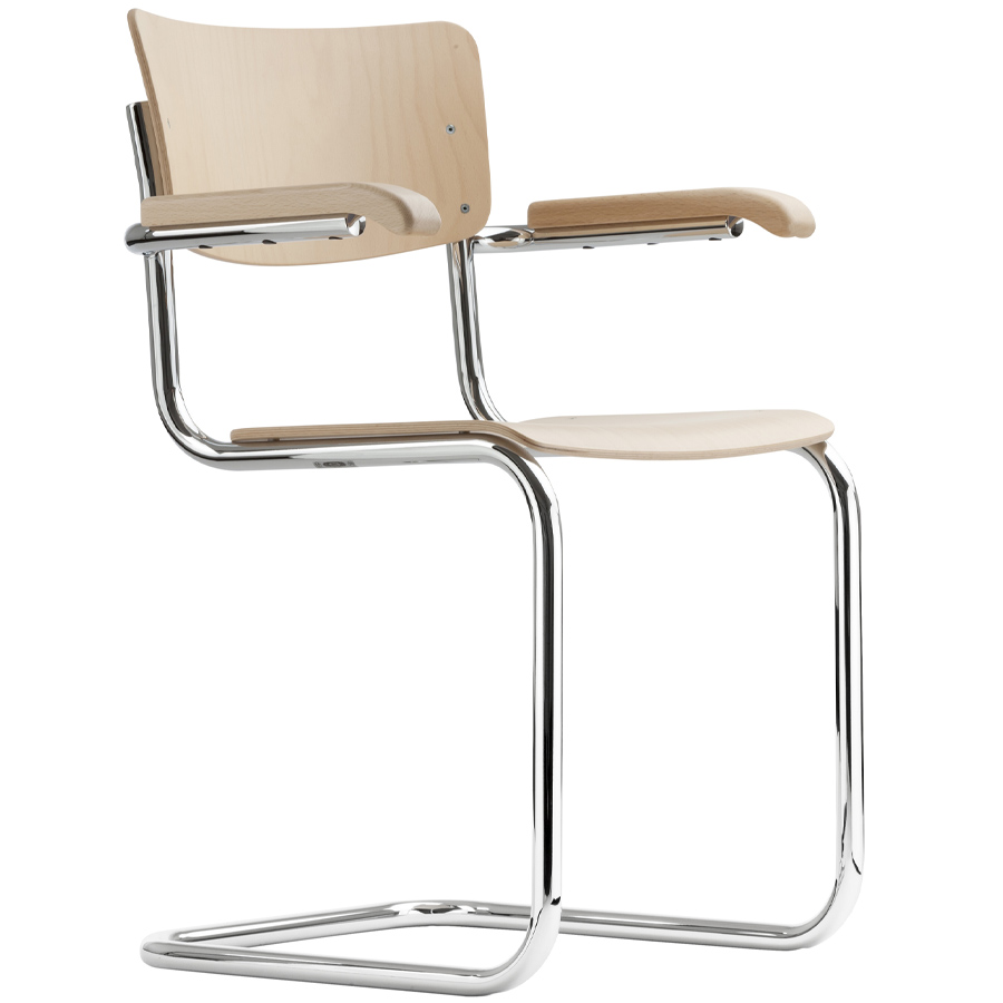 THONET Stahlrohr-Freischwinger S 43 F - Formholzschalen Buche natur mit Armlehnen
