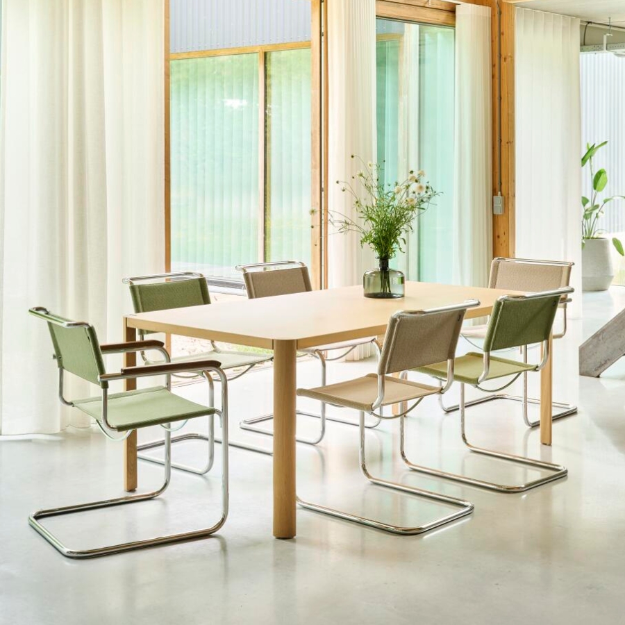 THONET Stahlrohr-Freischwinger S 34 V mit Armlehnen | Sitz u. Rücken Stoffmuster | Gestell chrom