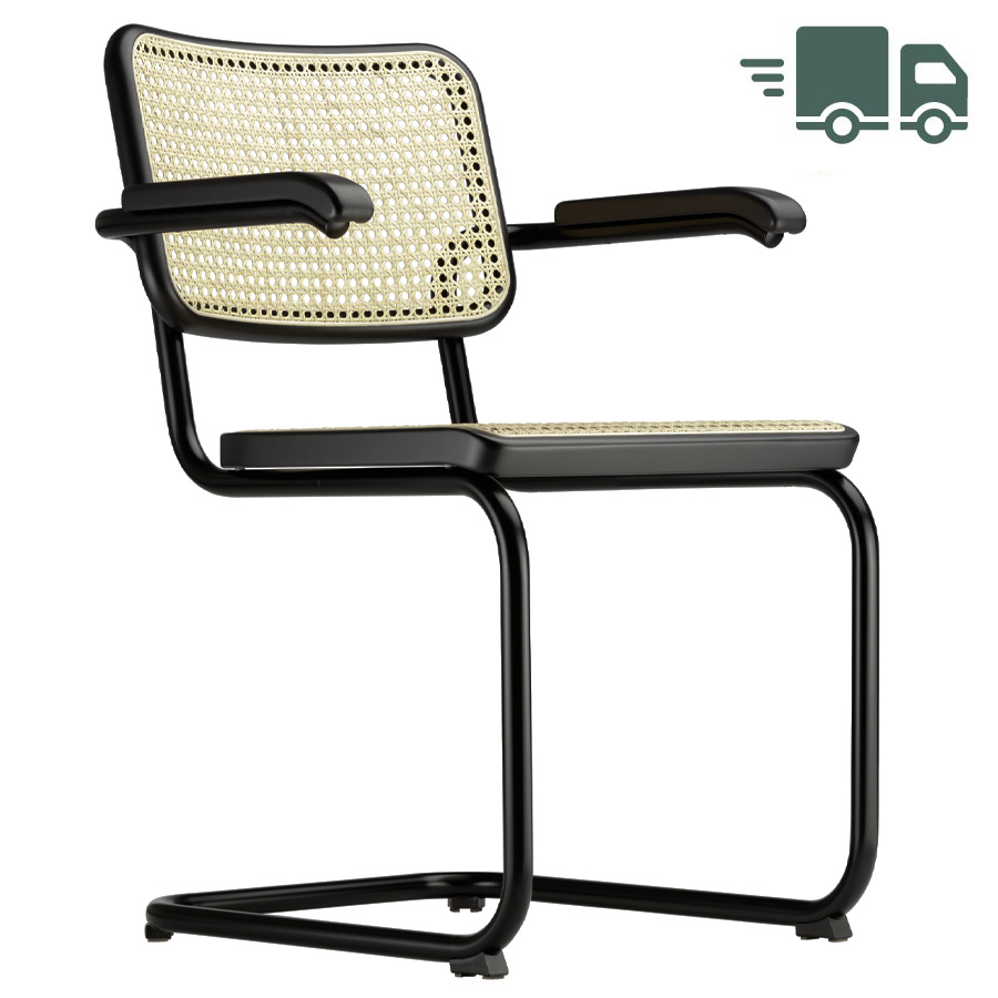 THONET Stahlrohr-Freischwinger S 64 V Rohrgeflecht-Sitz mit Armlehnen - Gestell schwarz matt