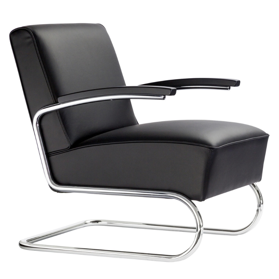 THONET S 411 Freischwinger Sessel mit Armlehnen | niedrige Rückenlehne | Leder schwarz