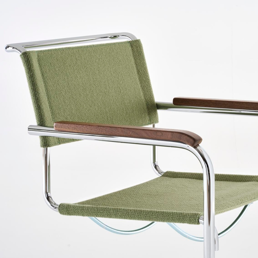 THONET Stahlrohr-Freischwinger S 34 V mit Armlehnen | Sitz u. Rücken Stoffmuster | Gestell chrom