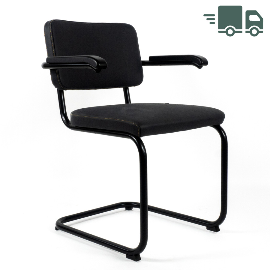 THONET Stahlrohr-Freischwinger S 64 PV | Polstersitz Nubukleder schwarz | Armlehnen