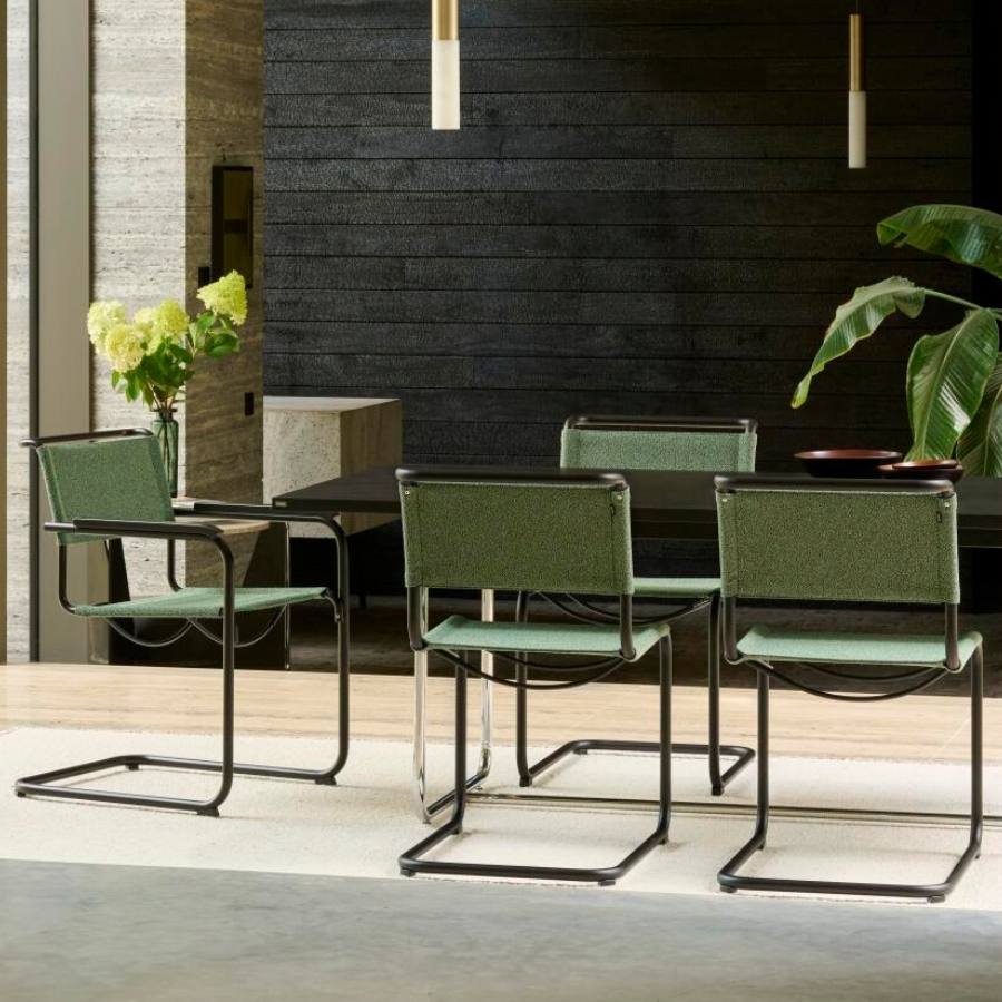 THONET Stahlrohr-Freischwinger S 34 V mit Armlehnen | Sitz u. Rücken Stoffmuster | Gestell schwarz