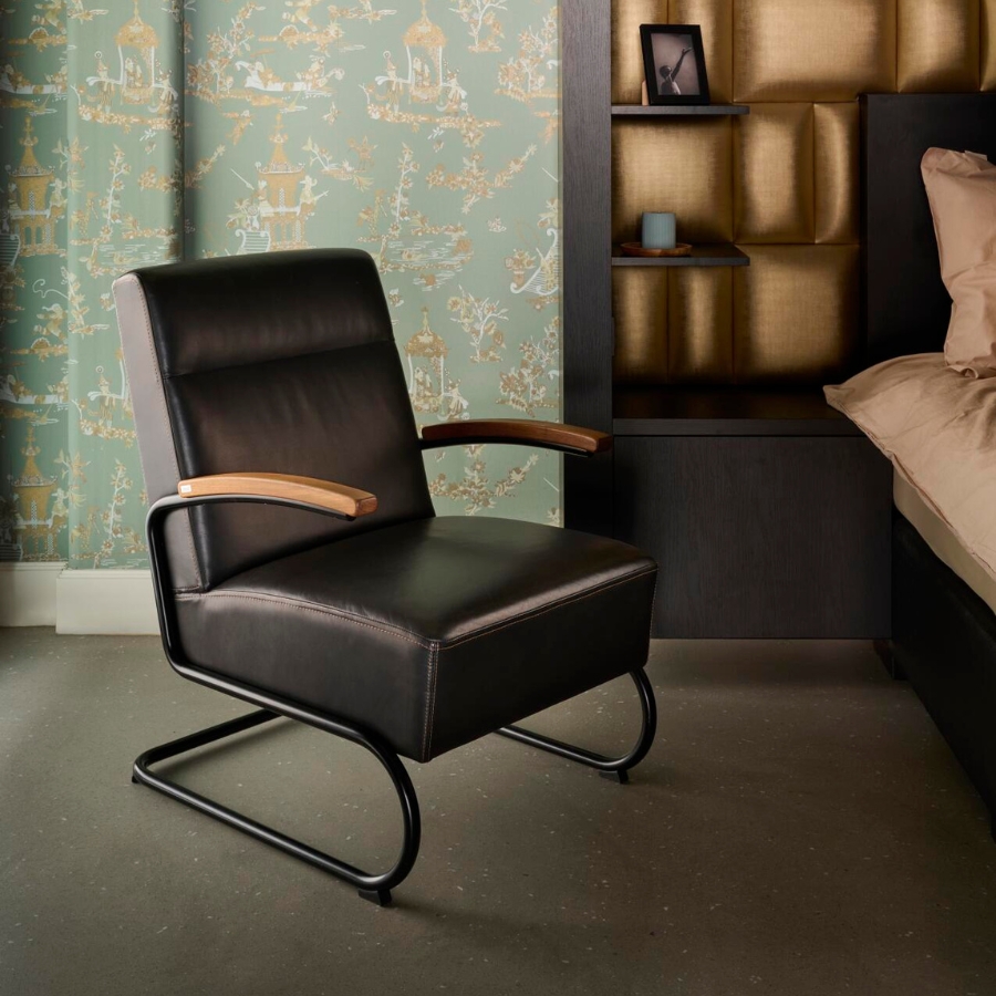 THONET S 412 Freischwinger Sessel mit Armlehnen | hohe Rückenlehne | Leder schwarz