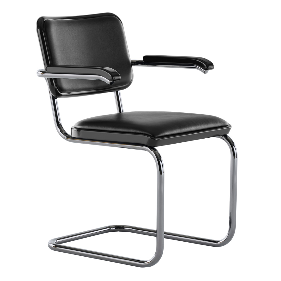 JS. THONET S 64 P SERIOUS 01 | Buche schwarz Hochglanzlack | Stahlrohr-Freischwinger mit Armlehnen