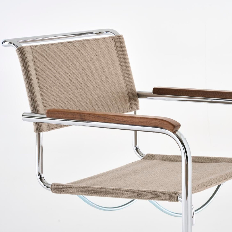 THONET Stahlrohr-Freischwinger S 34 V mit Armlehnen | Sitz u. Rücken Stoffmuster | Gestell chrom