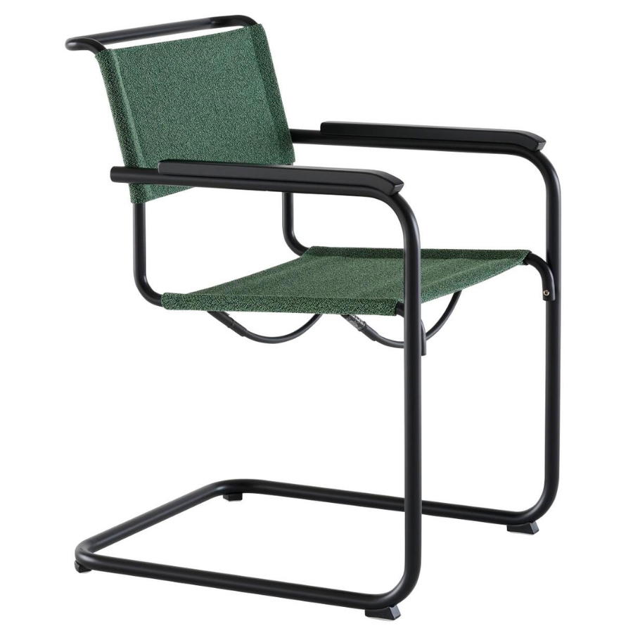 THONET Stahlrohr-Freischwinger S 34 V mit Armlehnen | Sitz u. Rücken Stoffmuster | Gestell schwarz