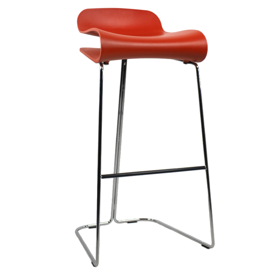 Kristalia BCN Barhocker mit Kufengestell verchromt | Schale korallenrot | Höhe 66 cm