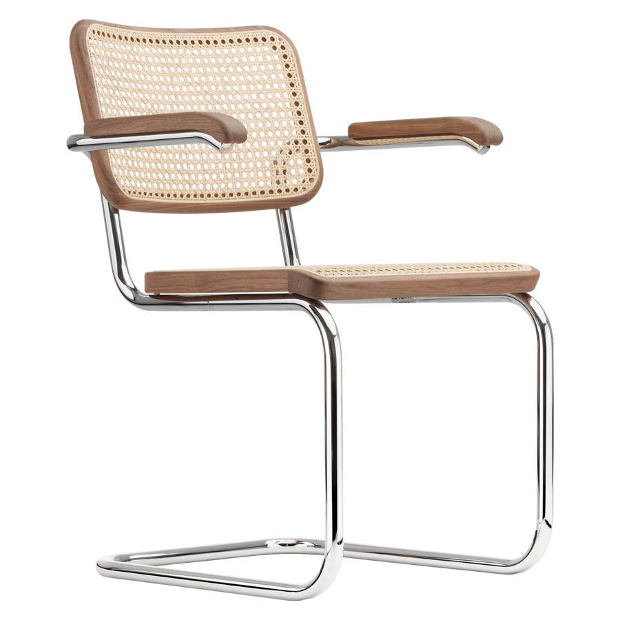 THONET S 64 V | Nussbaum Pure Materials | Stahlrohr-Freischwinger mit Armlehnen | Gestell verchromt