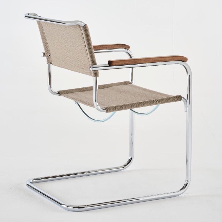 THONET Stahlrohr-Freischwinger S 34 V mit Armlehnen | Sitz u. Rücken Stoffmuster | Gestell chrom