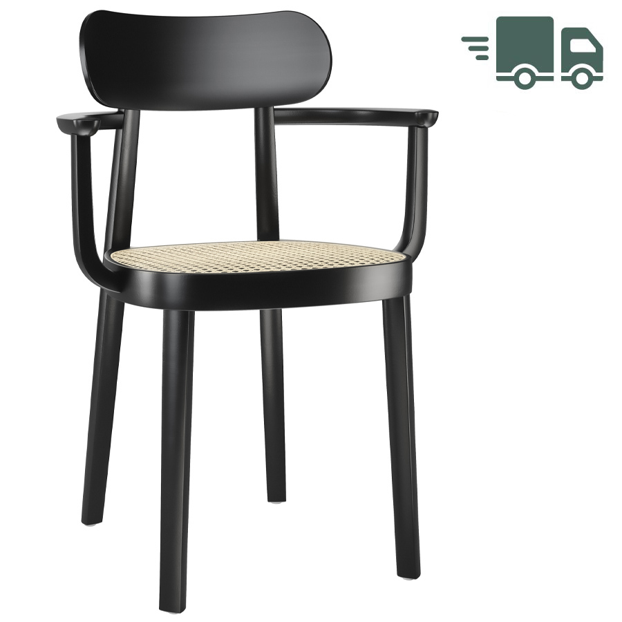 THONET 118 F Holzstuhl mit Armlehnen u. Rohrgeflecht-Sitz Buche gebeizt schwarz