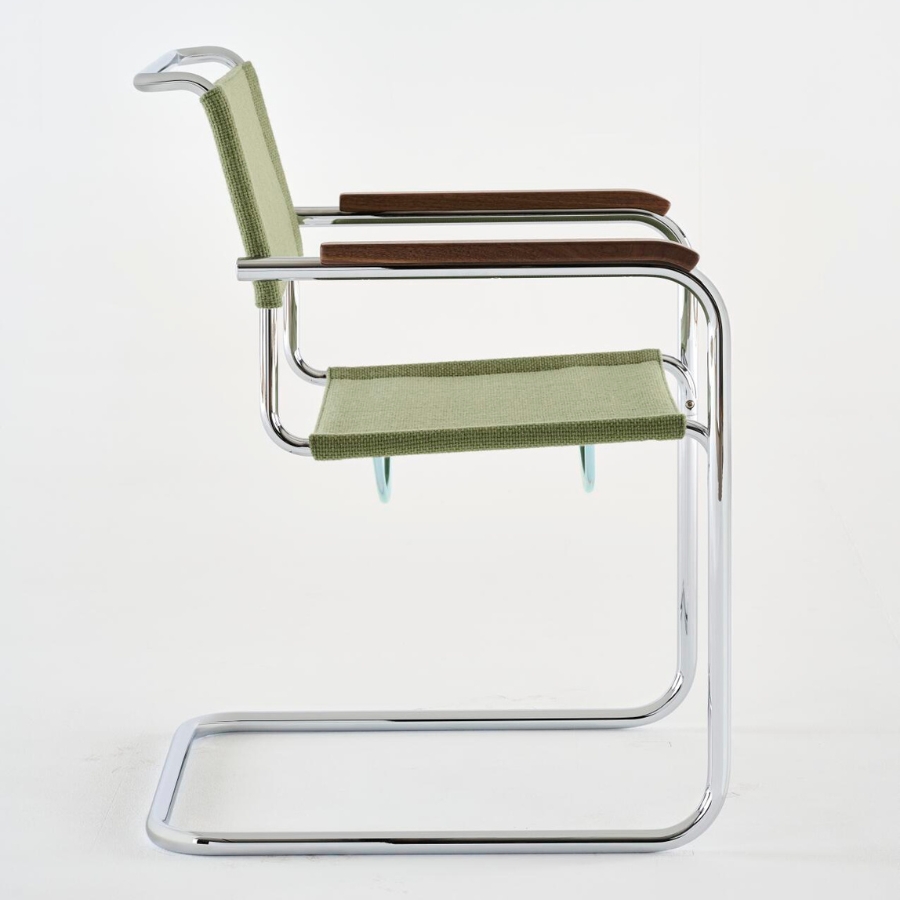 THONET Stahlrohr-Freischwinger S 34 V mit Armlehnen | Sitz u. Rücken Stoffmuster | Gestell chrom