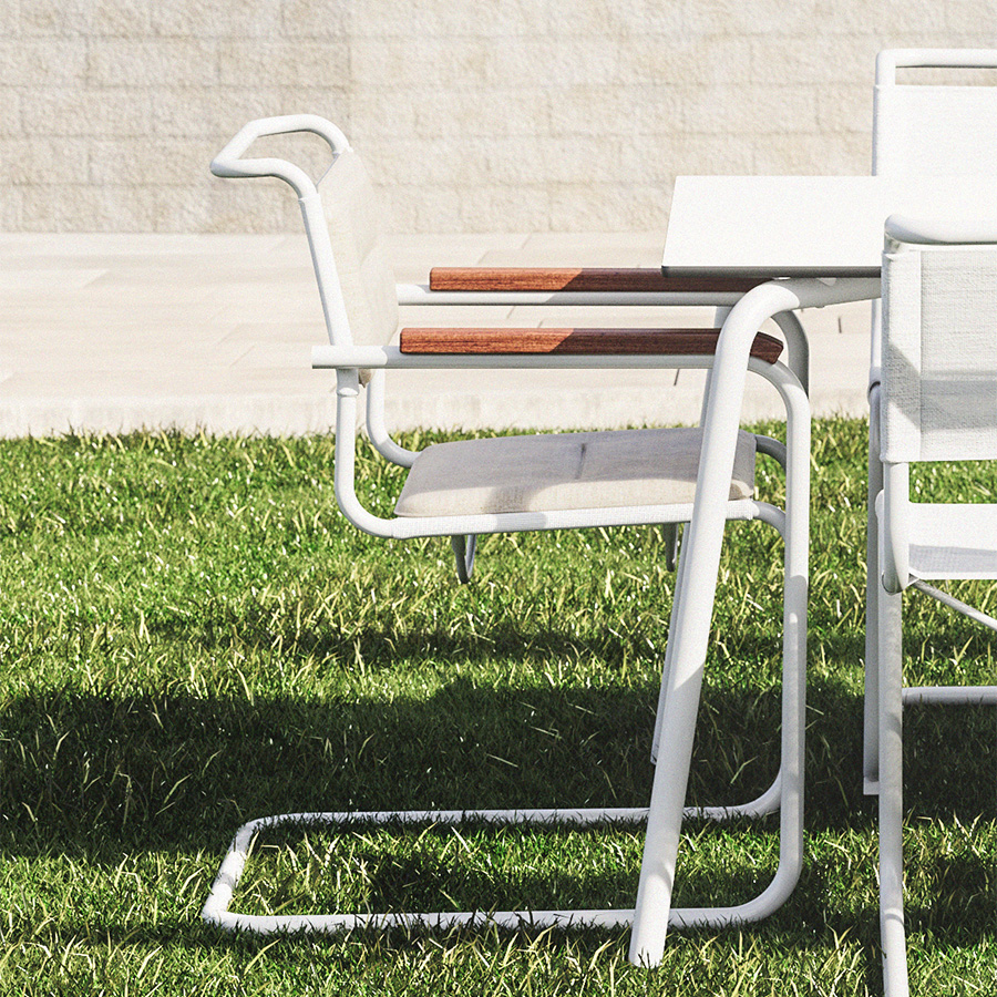 Thonet S 34 N Gartenstuhl weiß mit Armlehnen mit Auflage Irokko geölt