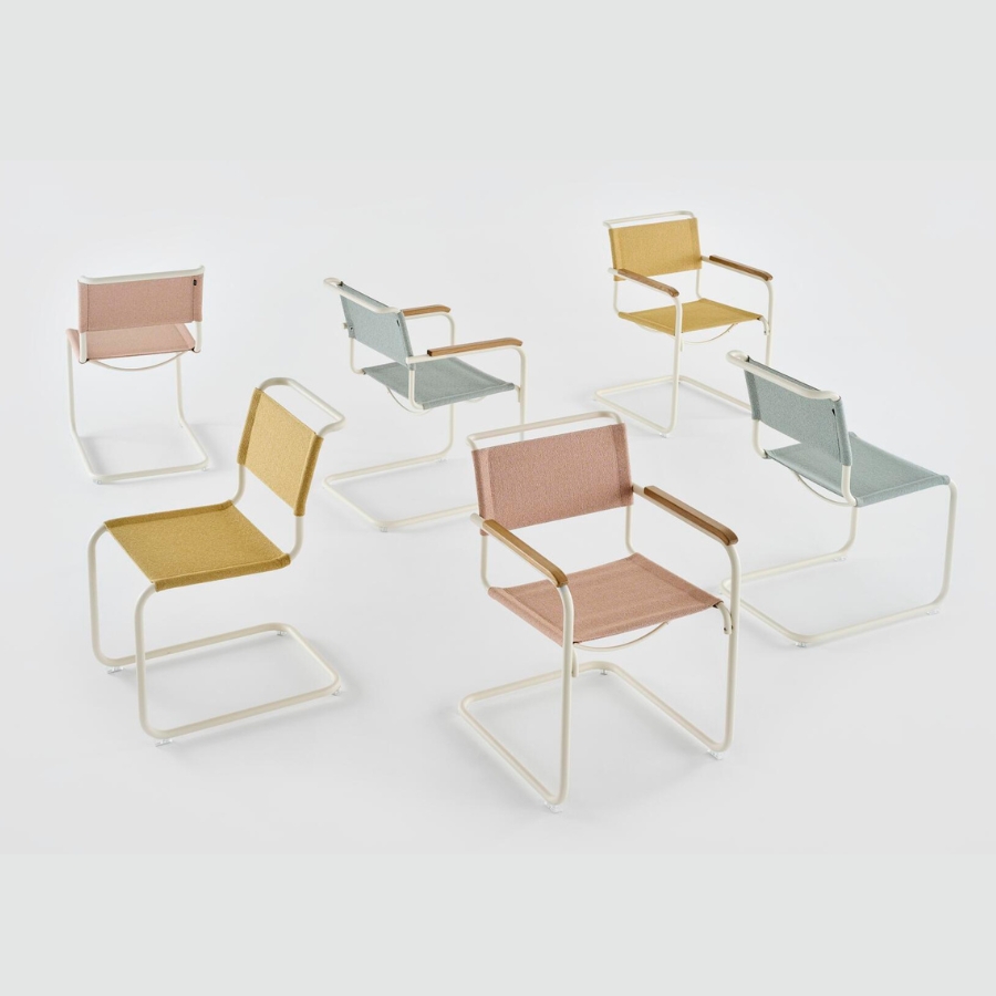THONET Stahlrohr-Freischwinger S 34 V mit Armlehnen | Sitz u. Rücken Stoffmuster | Gestell chrom