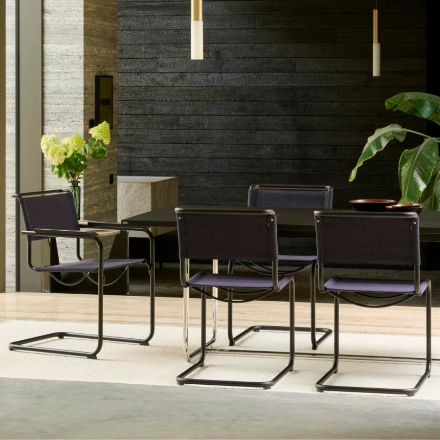 THONET Stahlrohr-Freischwinger S 34 V mit Armlehnen | Sitz u. Rücken Stoffmuster | Gestell schwarz