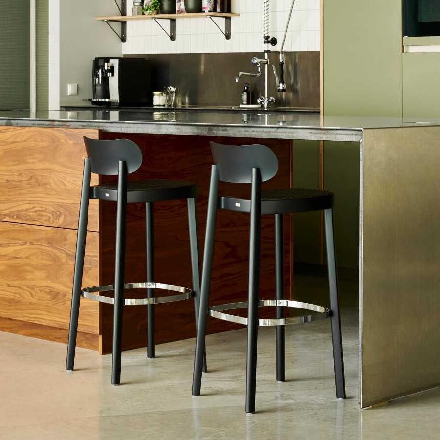 THONET 118 H Barhocker Dark Melange | Sitz-Rohrgeflecht | Buche gebeizt schwarz