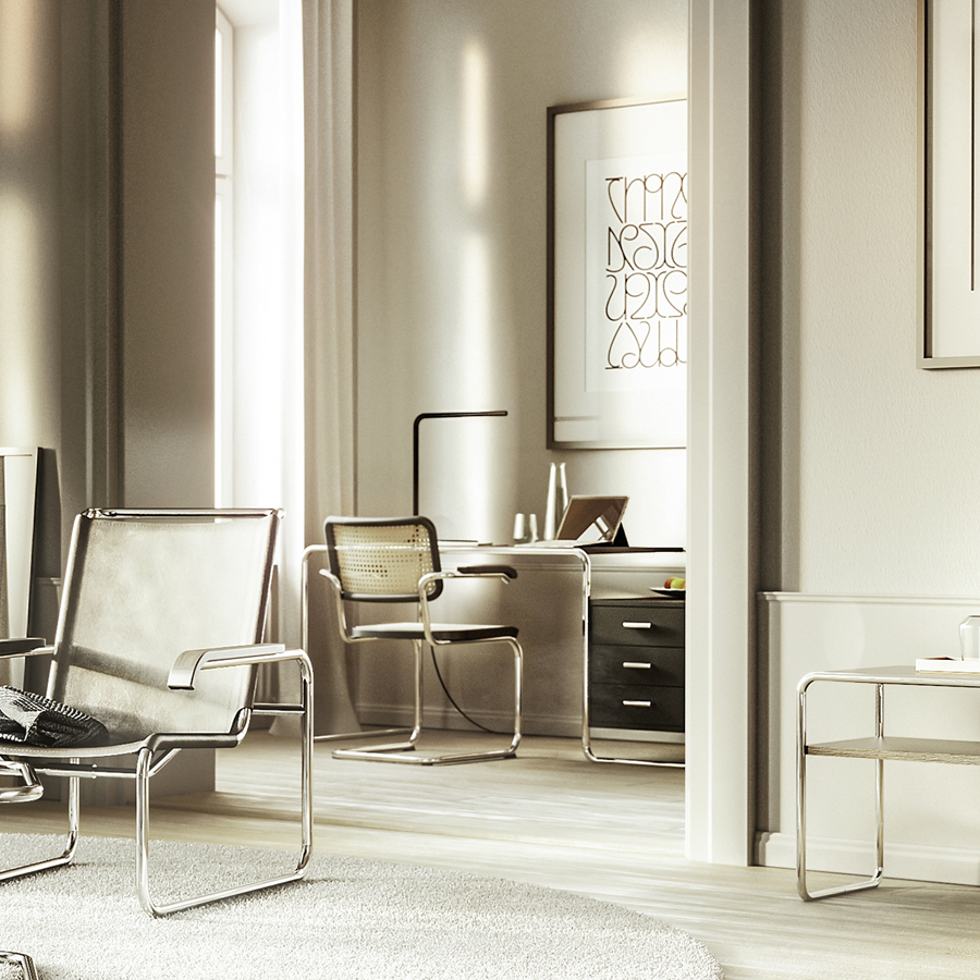 THONET Stahlrohr Schreibtisch S 285/1 | Esche gebeizt schwarz | Gestell verchromt