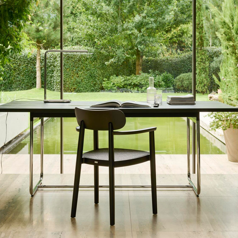 THONET 118 FV Holzstuhl Dark Melange mit Armlehnen | Rohrgeflecht-Sitz | Buche gebeizt graugrün