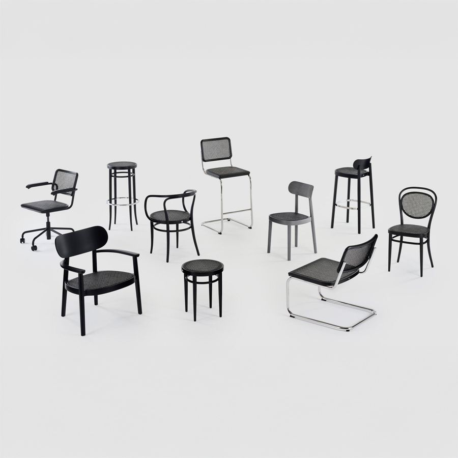 THONET 118 H Barhocker Dark Melange | Sitz-Rohrgeflecht | Buche gebeizt schwarz