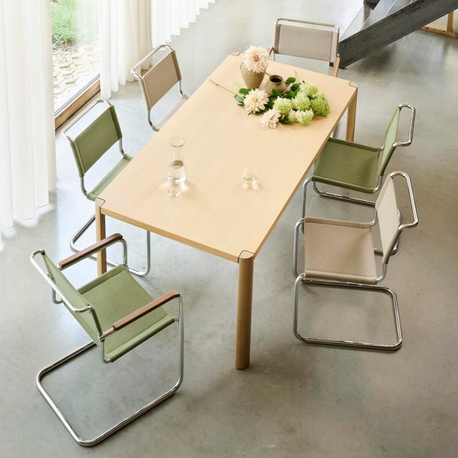 THONET Stahlrohr-Freischwinger S 34 V mit Armlehnen | Sitz u. Rücken Stoffmuster | Gestell chrom