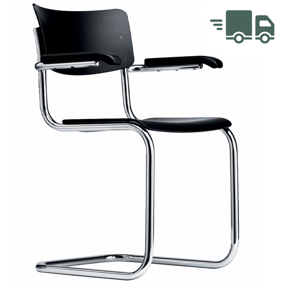 THONET Stahlrohr-Freischwinger S 43 F Formholzschalen schwarz gebeizt mit Armlehnen