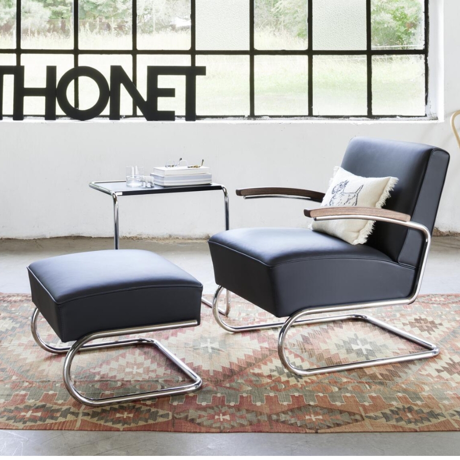 THONET S 411 Freischwinger Sessel mit Armlehnen | niedrige Rückenlehne | Leder schwarz