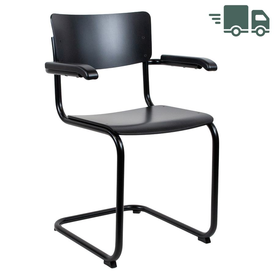 THONET Stahlrohr-Freischwinger S 43 F mit Armlehnen - Formholzschalen u. Gestell schwarz