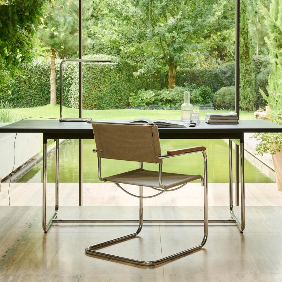 THONET Stahlrohr-Freischwinger S 34 V mit Armlehnen | Sitz u. Rücken Stoffmuster | Gestell chrom