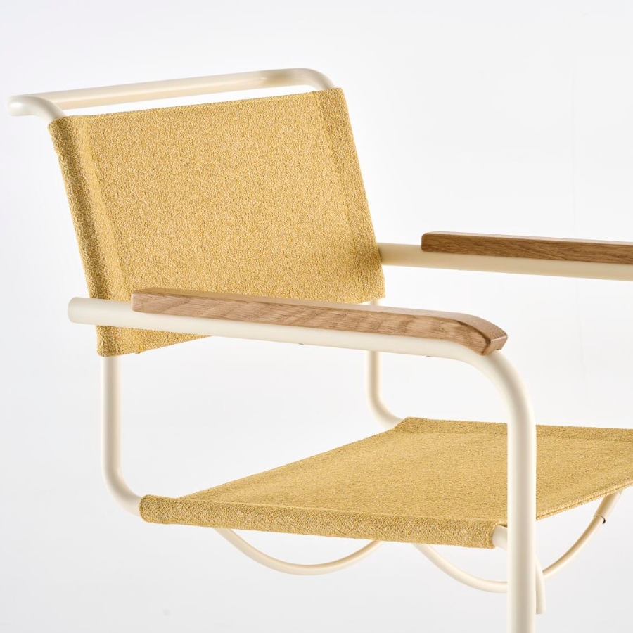 THONET Stahlrohr-Freischwinger S 34 V mit Armlehnen | Sitz u. Rücken Stoffmuster | Gestell perlweiß