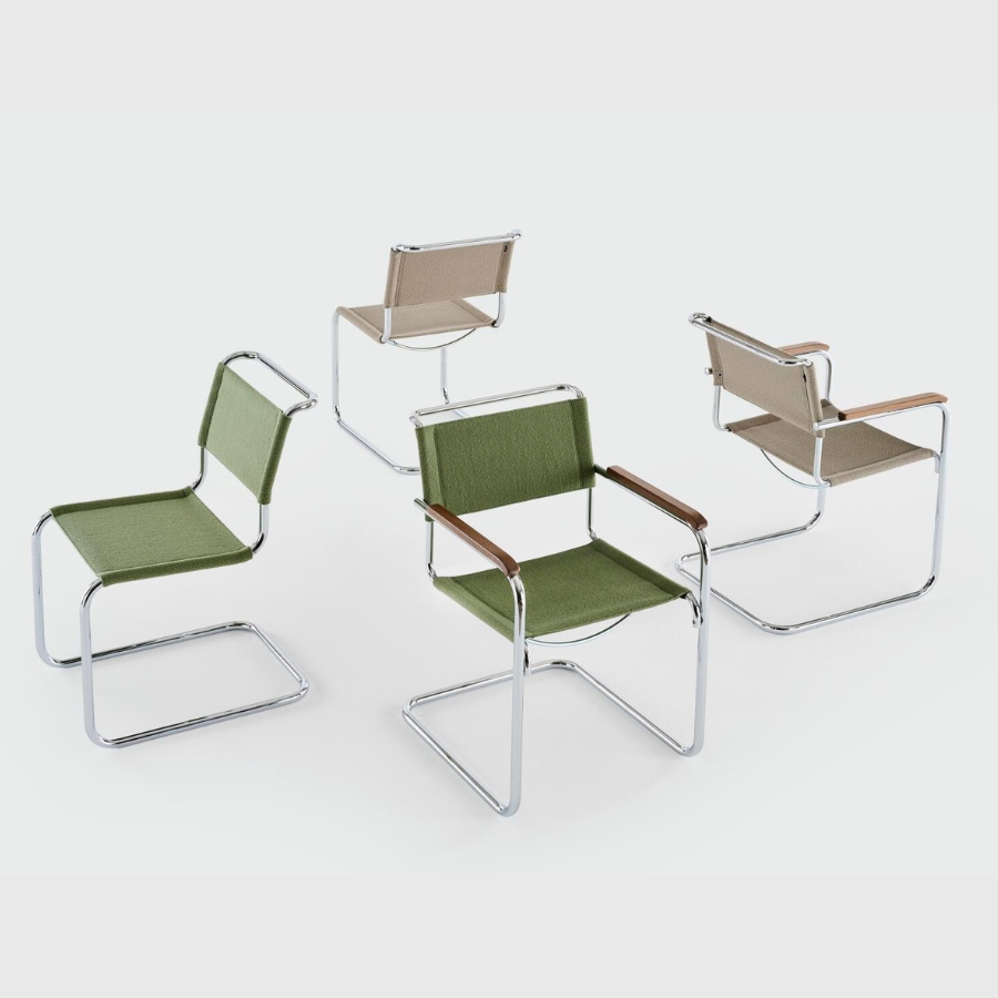 THONET Stahlrohr-Freischwinger S 34 V mit Armlehnen | Sitz u. Rücken Stoffmuster | Gestell chrom