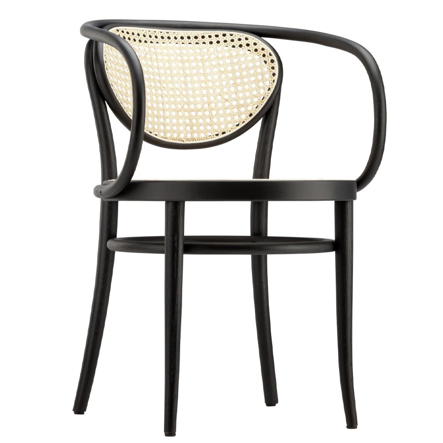 THONET 210 R Bugholzarmlehnenstuhl Buche schwarz gebeizt mit Rohrgeflecht